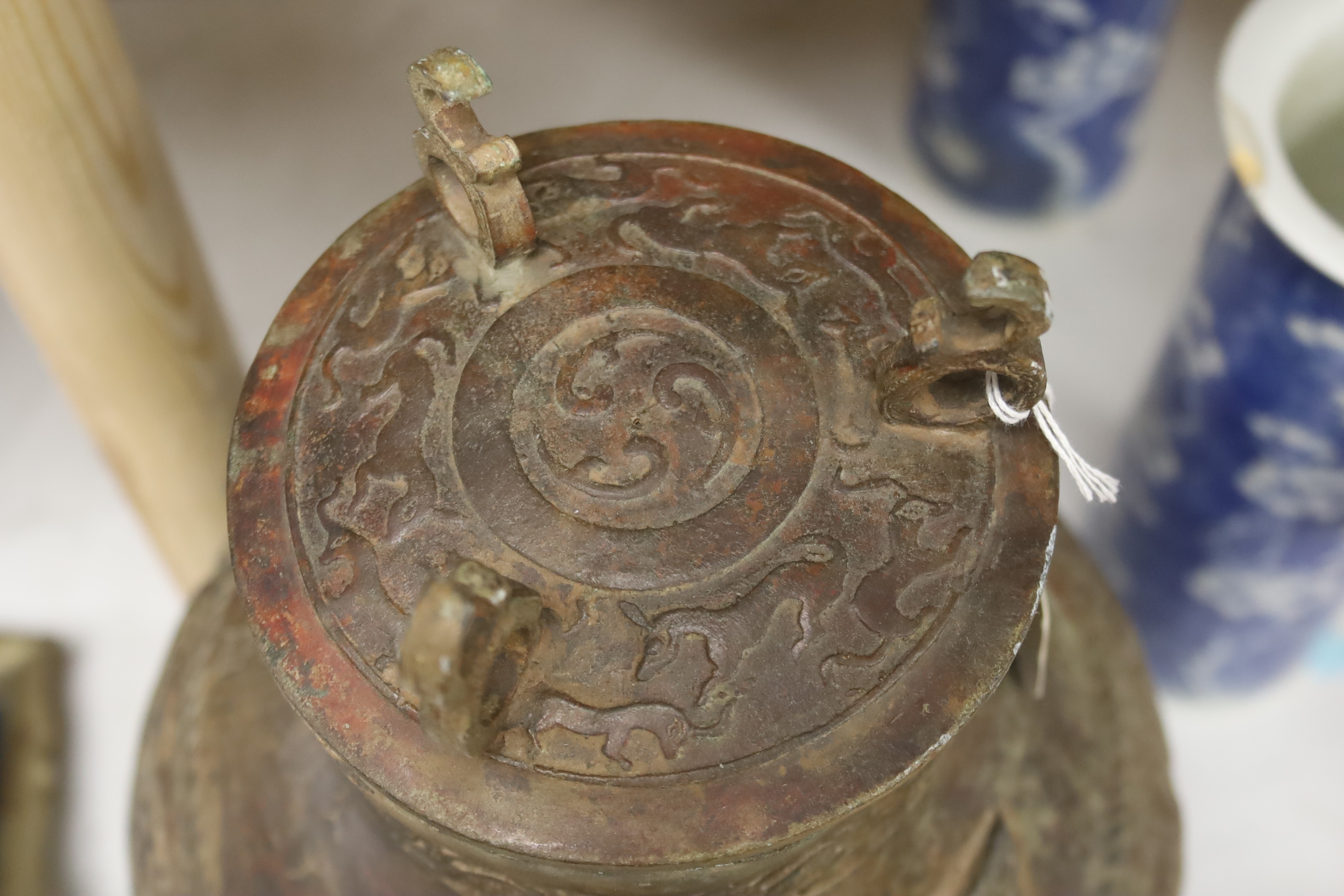 A Chinese cast bronze jar and cover, height 40cm